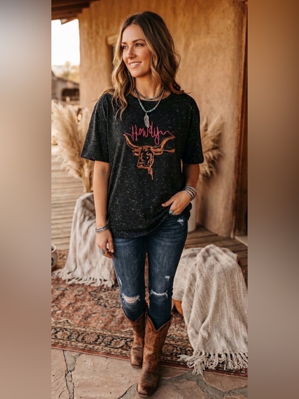 T-Shirt Embroidered Howdy Longhorn Western 100% Cotton